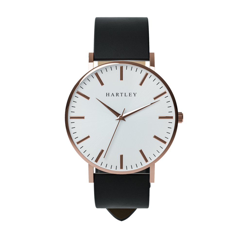 Heritage Rose Gold White Dial with Black Leather