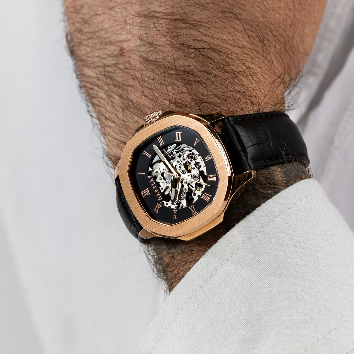 HARTLEY LEGACY ROSE GOLD BLACK CROC ON WRIST