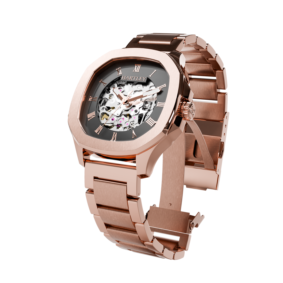 HARTLEY LEGACY ROSE GOLD STEEL BRACELET ANGLED VIEW