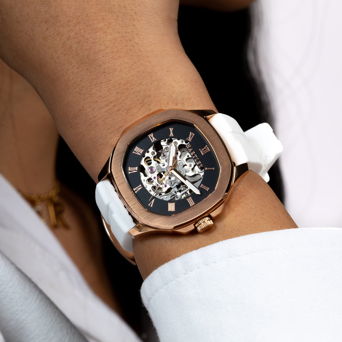 HARTLEY LEGACY ROSE GOLD WHITE SILICONE ON WRIST